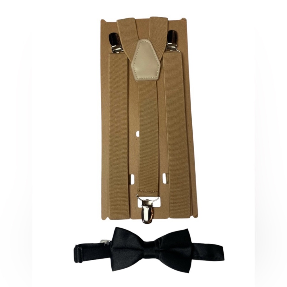 Khaki Tan Suspenders and Black Bow Tie Set